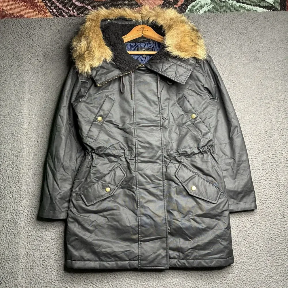 J.Crew Perfect Winter Parka Eco Friendly Primaloft Women Small Black Fur Hood